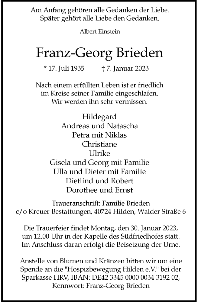  Traueranzeige für Franz-Georg Brieden vom 21.01.2023 aus Rheinische Post