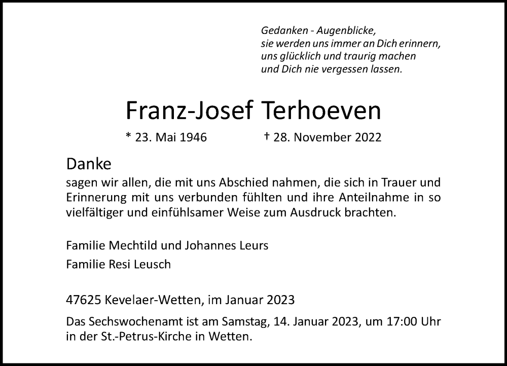  Traueranzeige für Franz-Josef Terhoeven vom 07.01.2023 aus Rheinische Post