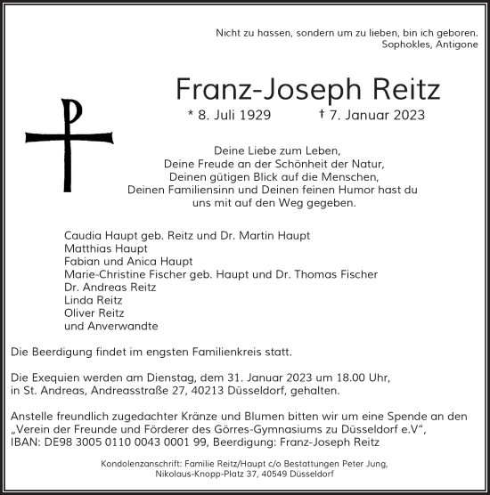 Traueranzeige von Franz-Joseph Reitz von Rheinische Post