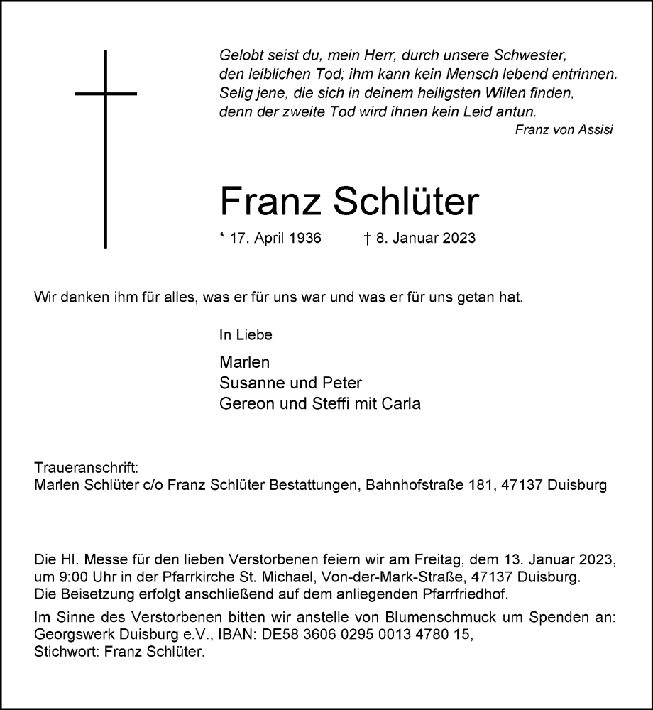  Traueranzeige für Franz Schlüter vom 11.01.2023 aus Rheinische Post