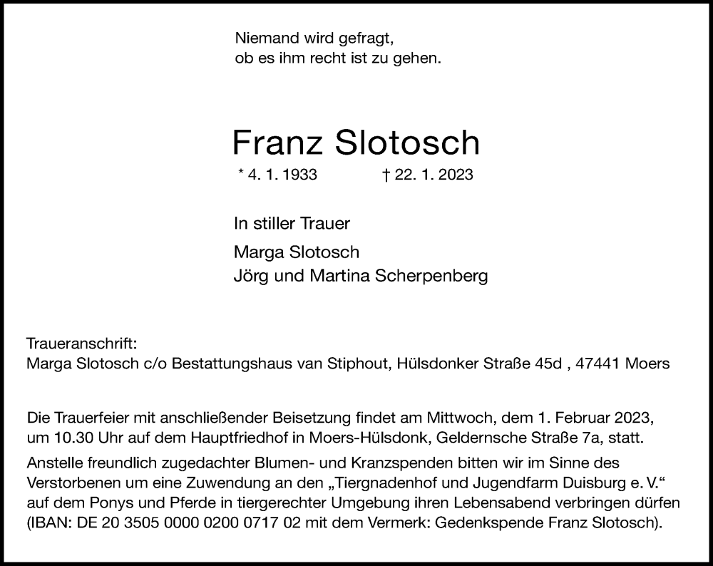  Traueranzeige für Franz Slotosch vom 28.01.2023 aus Rheinische Post