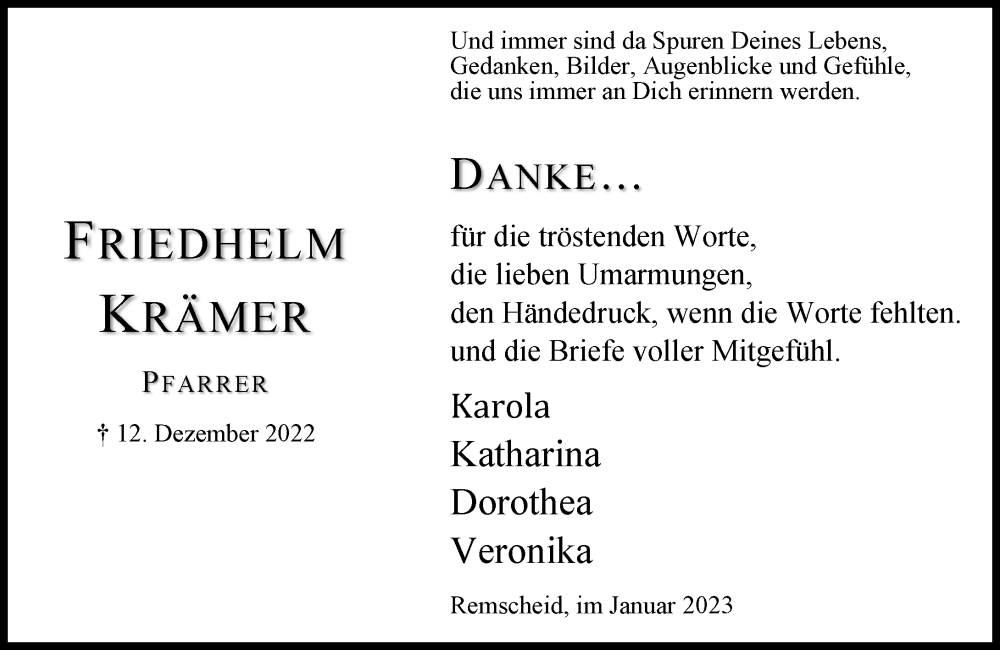  Traueranzeige für Friedhelm Krämer vom 21.01.2023 aus Rheinische Post