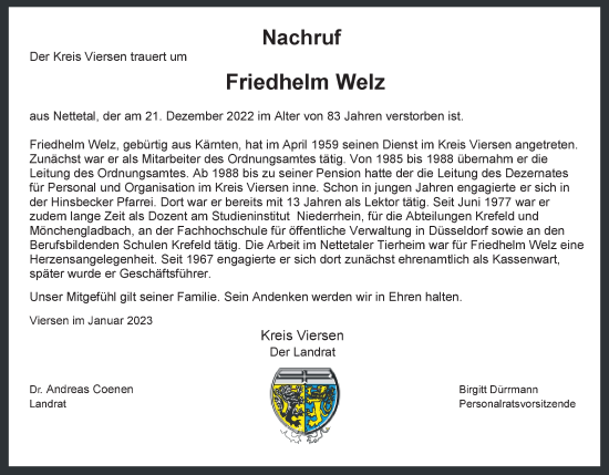 Traueranzeige von Friedhelm Welz von Rheinische Post