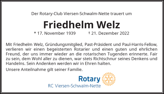 Traueranzeige von Friedhelm Welz von Rheinische Post