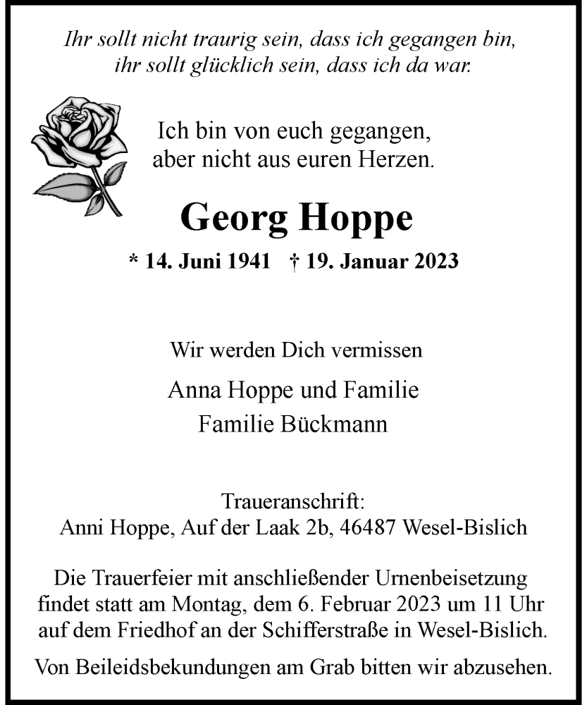  Traueranzeige für Georg Hoppe vom 28.01.2023 aus Rheinische Post