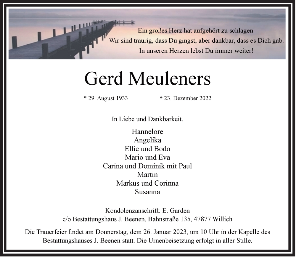  Traueranzeige für Gerd Meuleners vom 14.01.2023 aus Rheinische Post