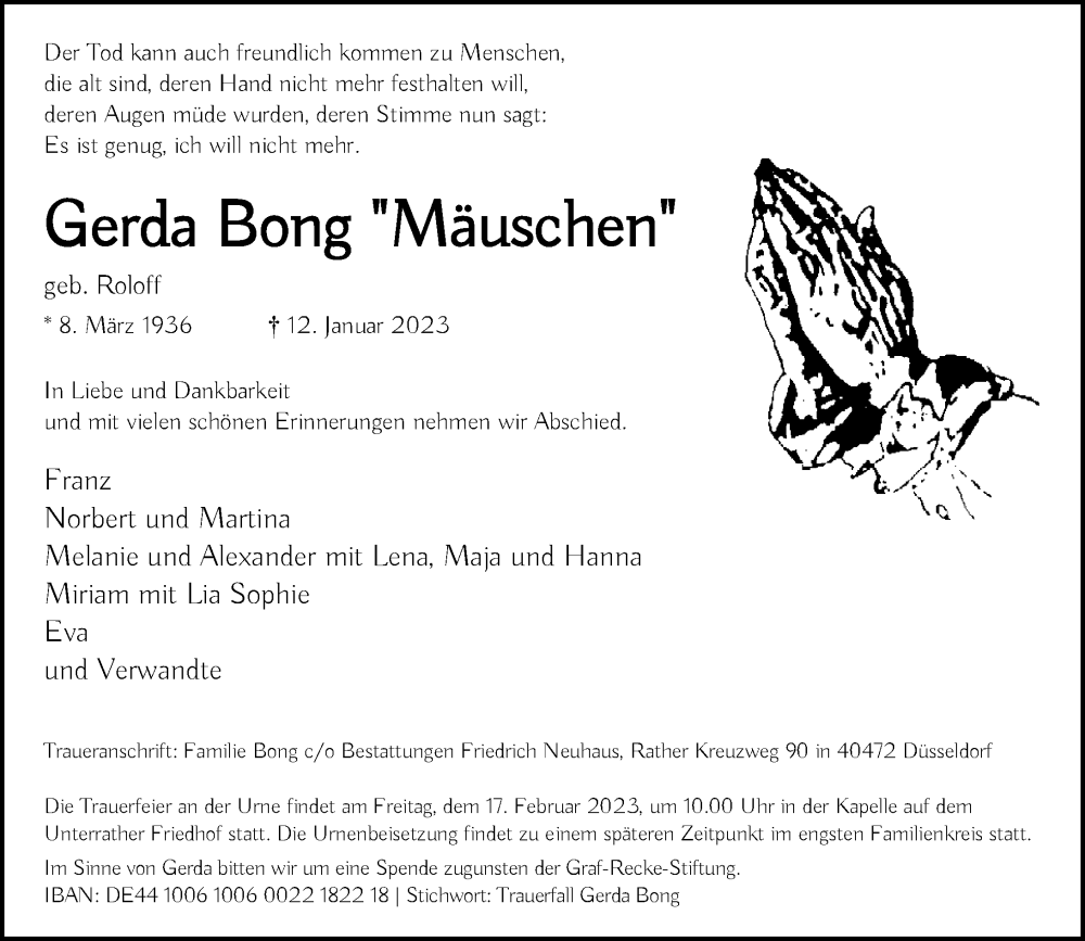  Traueranzeige für Gerda Bong vom 04.02.2023 aus Rheinische Post