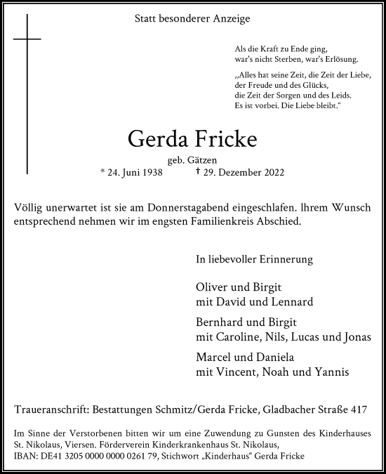 Traueranzeige von Gerda Fricke von Rheinische Post