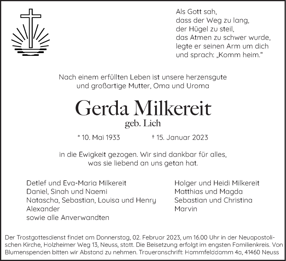  Traueranzeige für Gerda Milkereit vom 28.01.2023 aus Rheinische Post