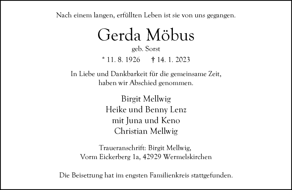  Traueranzeige für Gerda Möbus vom 28.01.2023 aus Rheinische Post
