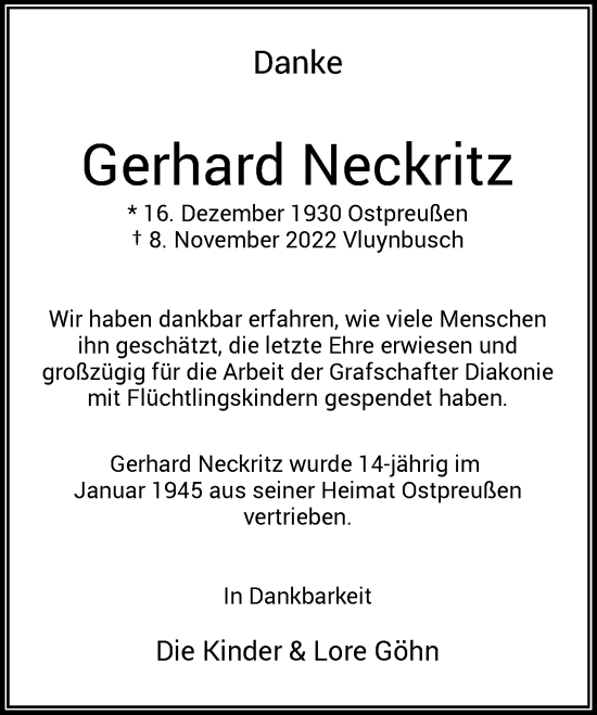 Traueranzeige von Gerhard Neckritz von Rheinische Post