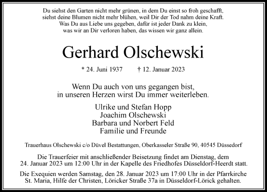 Traueranzeige von Gerhard Olschewski von Rheinische Post