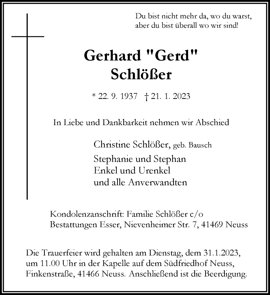  Traueranzeige für Gerhard Schlößer vom 25.01.2023 aus Rheinische Post