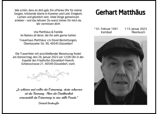 Traueranzeige von Gerhart Matthäus von Rheinische Post