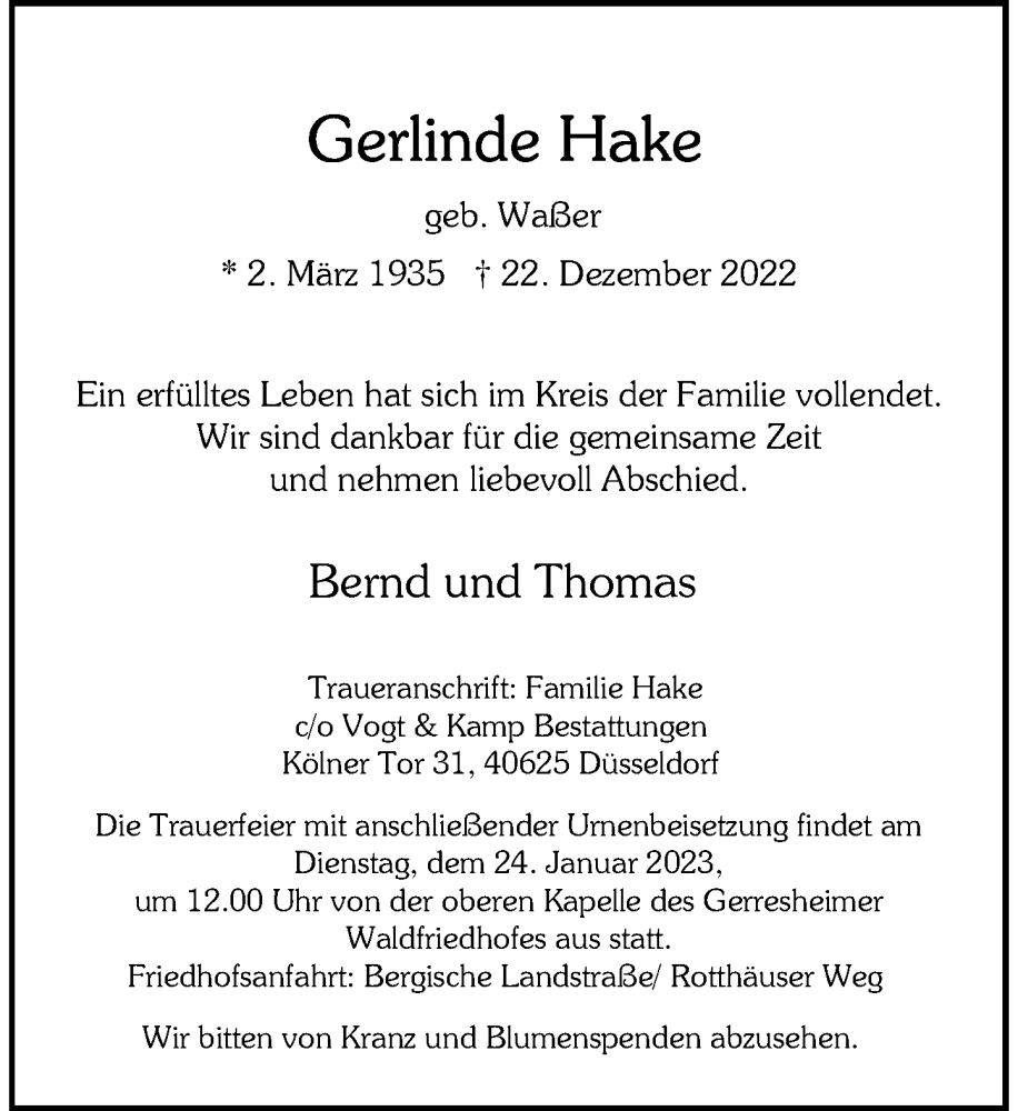  Traueranzeige für Gerlinde Hake vom 07.01.2023 aus Rheinische Post