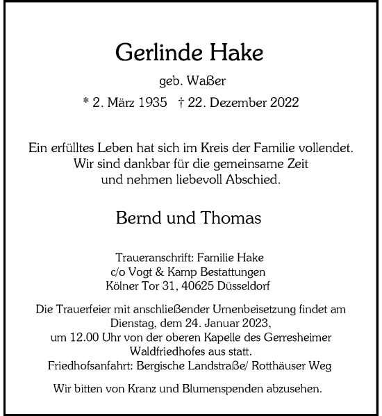 Traueranzeige von Gerlinde Hake von Rheinische Post