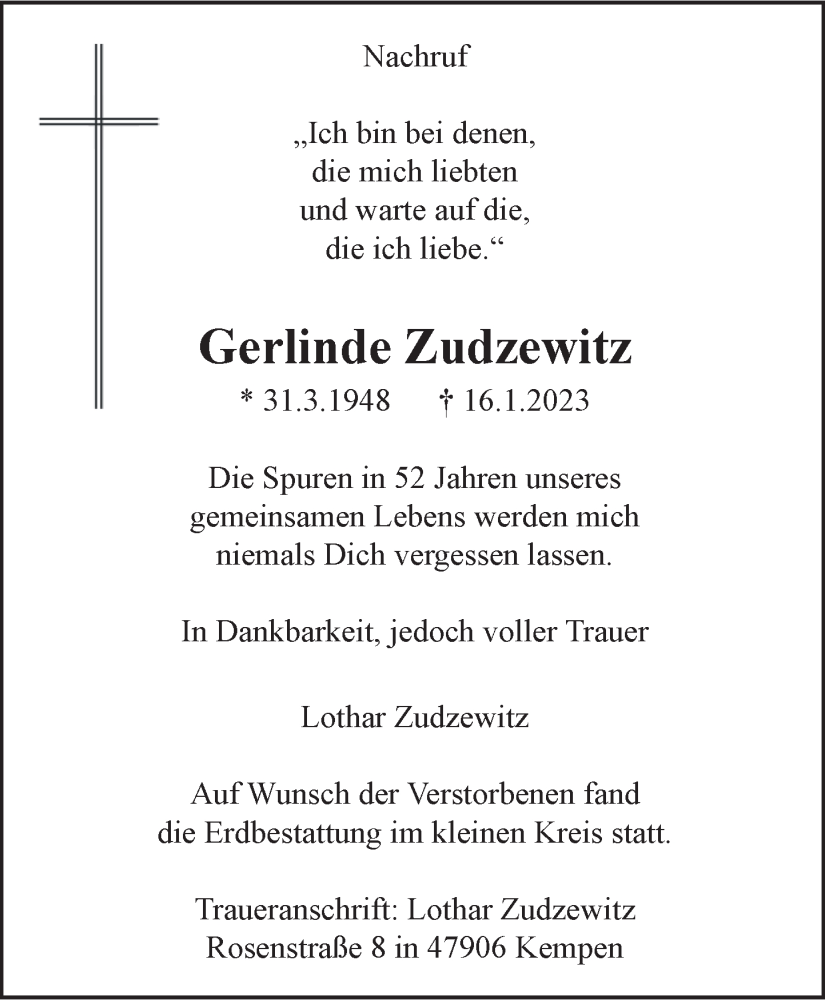  Traueranzeige für Gerlinde Zudzewitz vom 28.01.2023 aus Rheinische Post