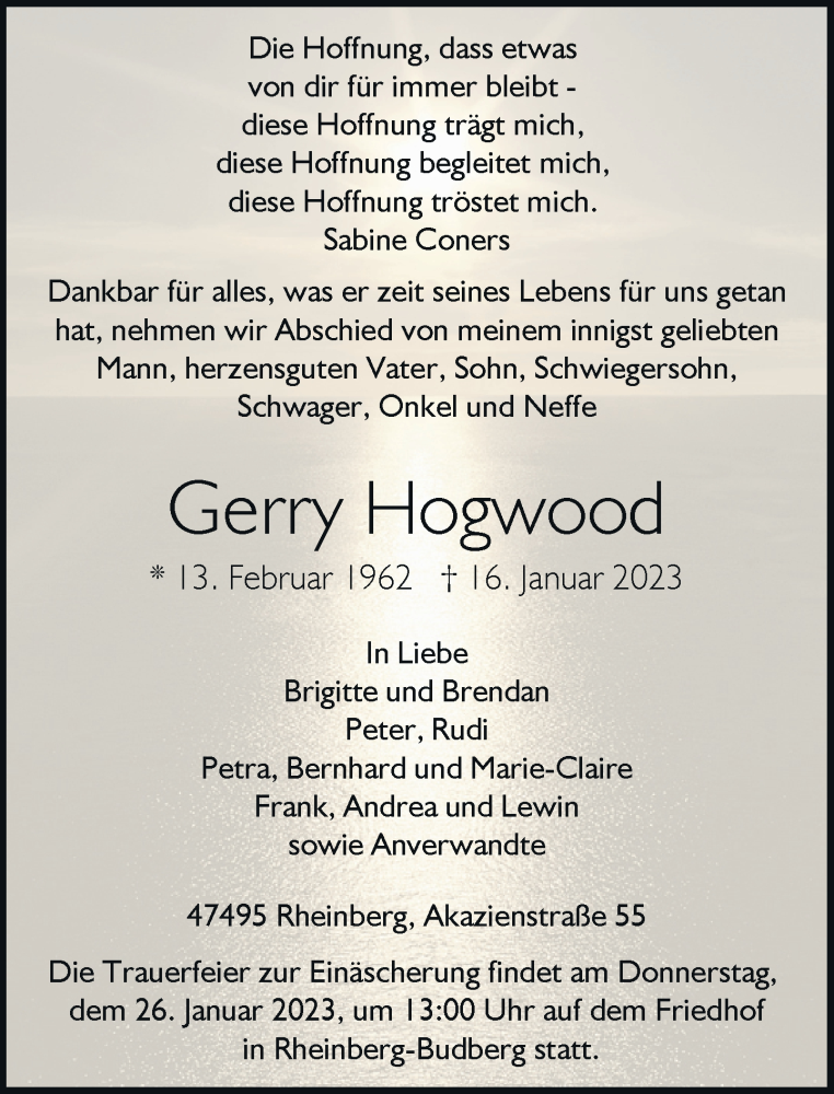  Traueranzeige für Gerry Hogwood vom 24.01.2023 aus Rheinische Post