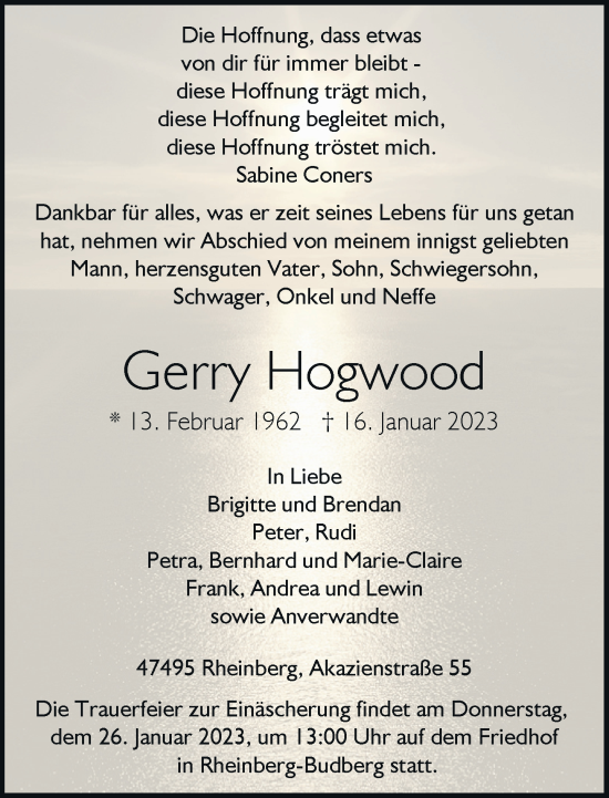 Traueranzeige von Gerry Hogwood von Rheinische Post