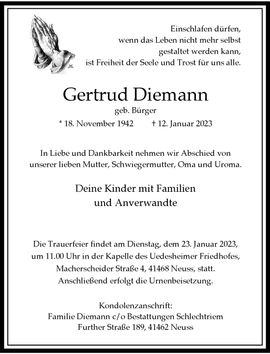 Traueranzeige von Gertrud Diemann von Rheinische Post