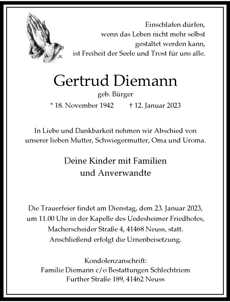  Traueranzeige für Gertrud Diemann vom 21.01.2023 aus Rheinische Post