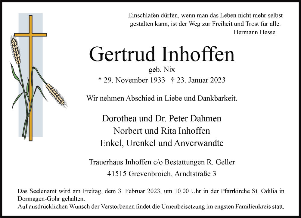  Traueranzeige für Gertrud Inhoffen vom 28.01.2023 aus Rheinische Post