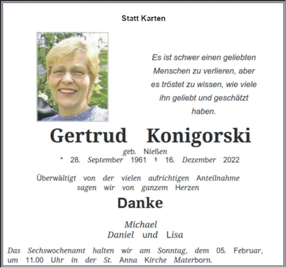  Traueranzeige für Gertrud Konigorski vom 01.02.2023 aus Rheinische Post