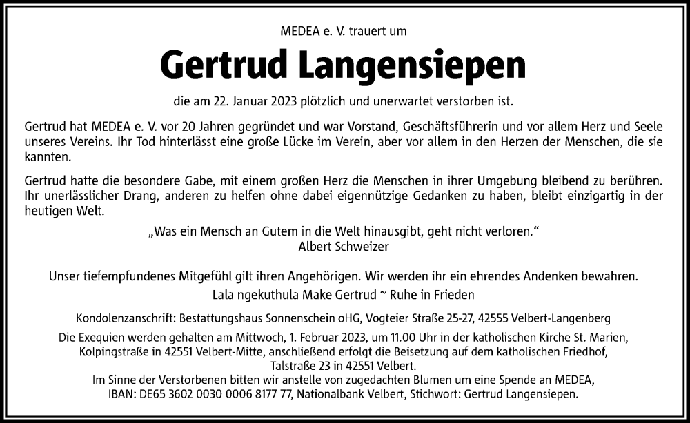  Traueranzeige für Gertrud Langensiepen vom 28.01.2023 aus Rheinische Post