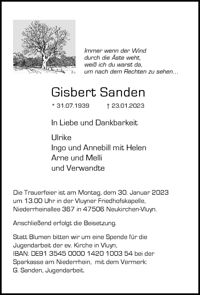  Traueranzeige für Gisbert Sanden vom 28.01.2023 aus Rheinische Post