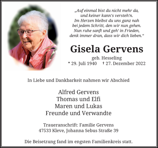 Traueranzeige von Gisela Gervens von Rheinische Post
