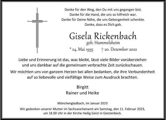 Traueranzeige von Gisela Rickenback von Rheinische Post