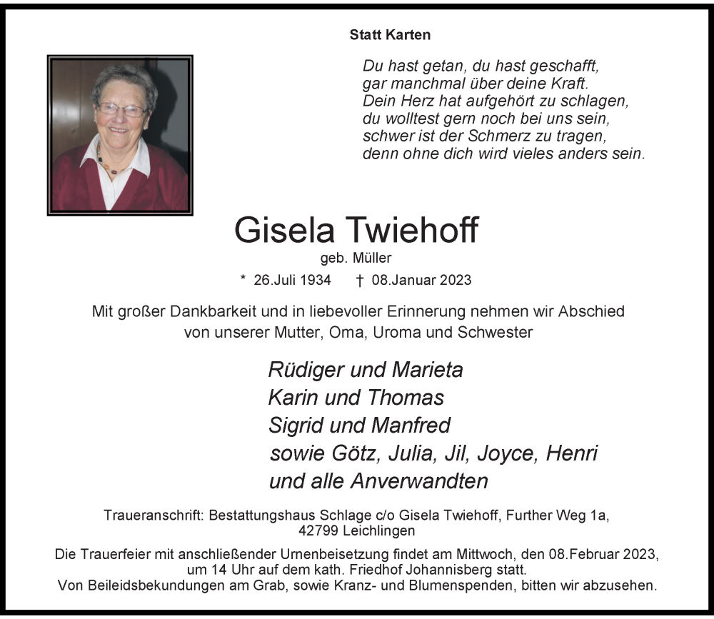  Traueranzeige für Gisela Twiehoff vom 28.01.2023 aus Rheinische Post