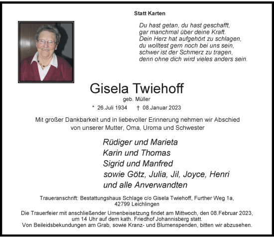 Traueranzeige von Gisela Twiehoff von Rheinische Post
