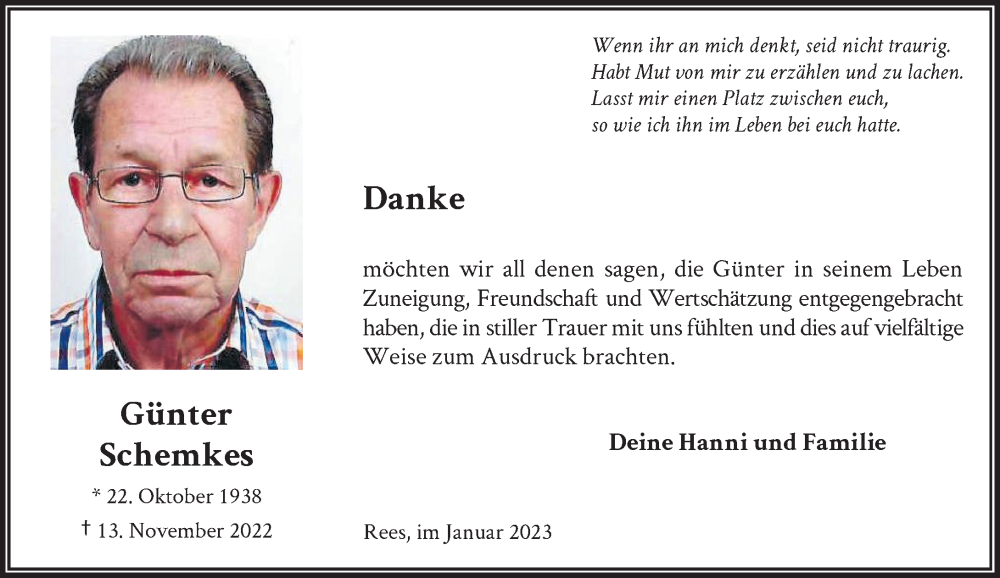  Traueranzeige für Günter Schemkes vom 07.01.2023 aus Rheinische Post