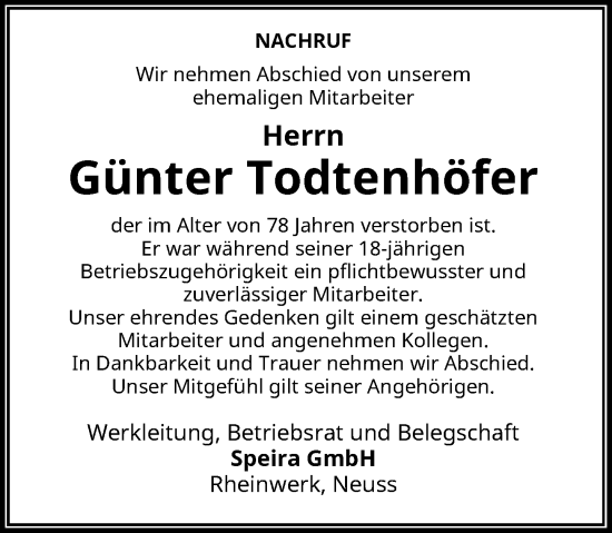 Traueranzeige von Günter Todtenhöfer von Rheinische Post