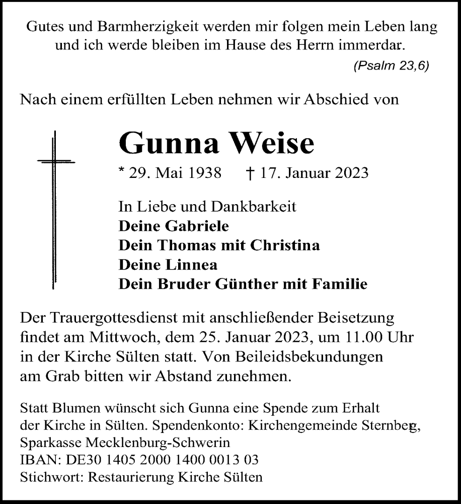  Traueranzeige für Gunna Weise vom 21.01.2023 aus Rheinische Post