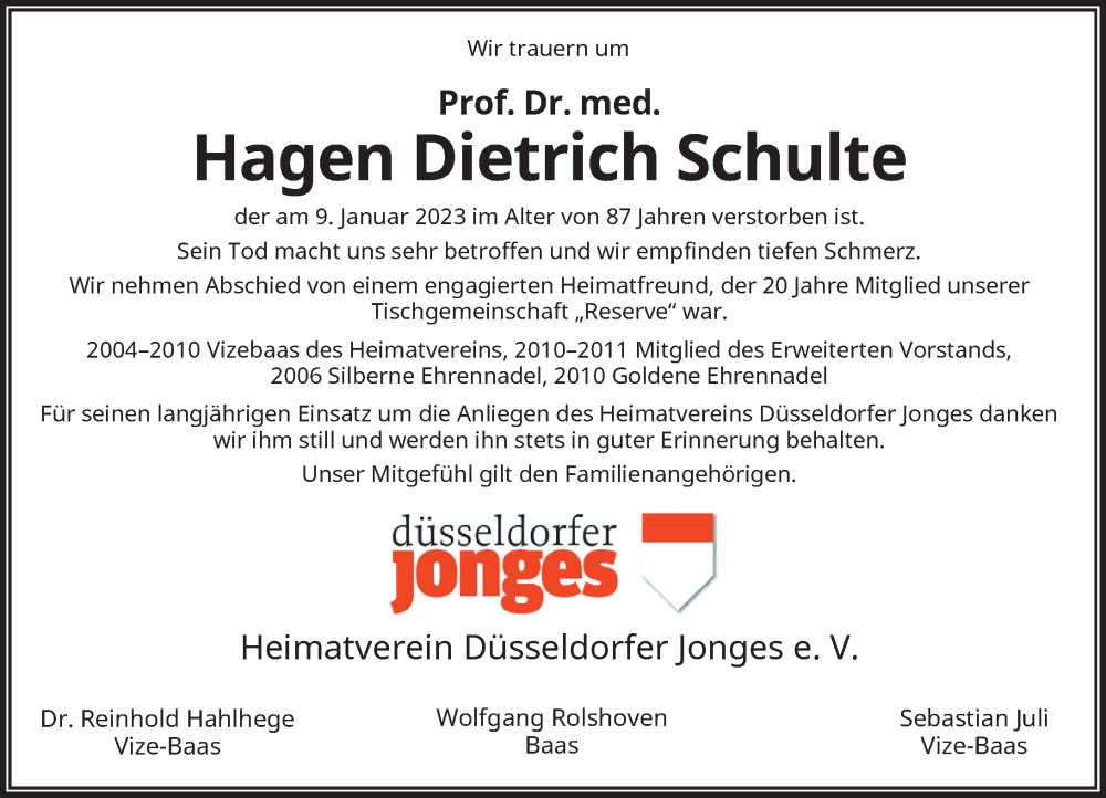  Traueranzeige für Hagen Dietrich Schulte vom 21.01.2023 aus Rheinische Post