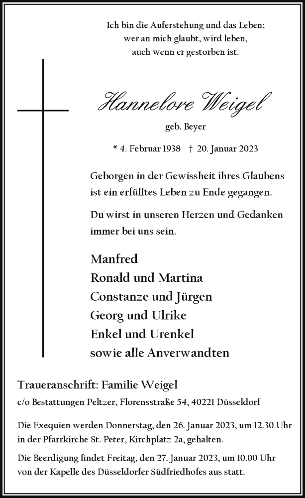  Traueranzeige für Hannelore Weigel vom 25.01.2023 aus Rheinische Post