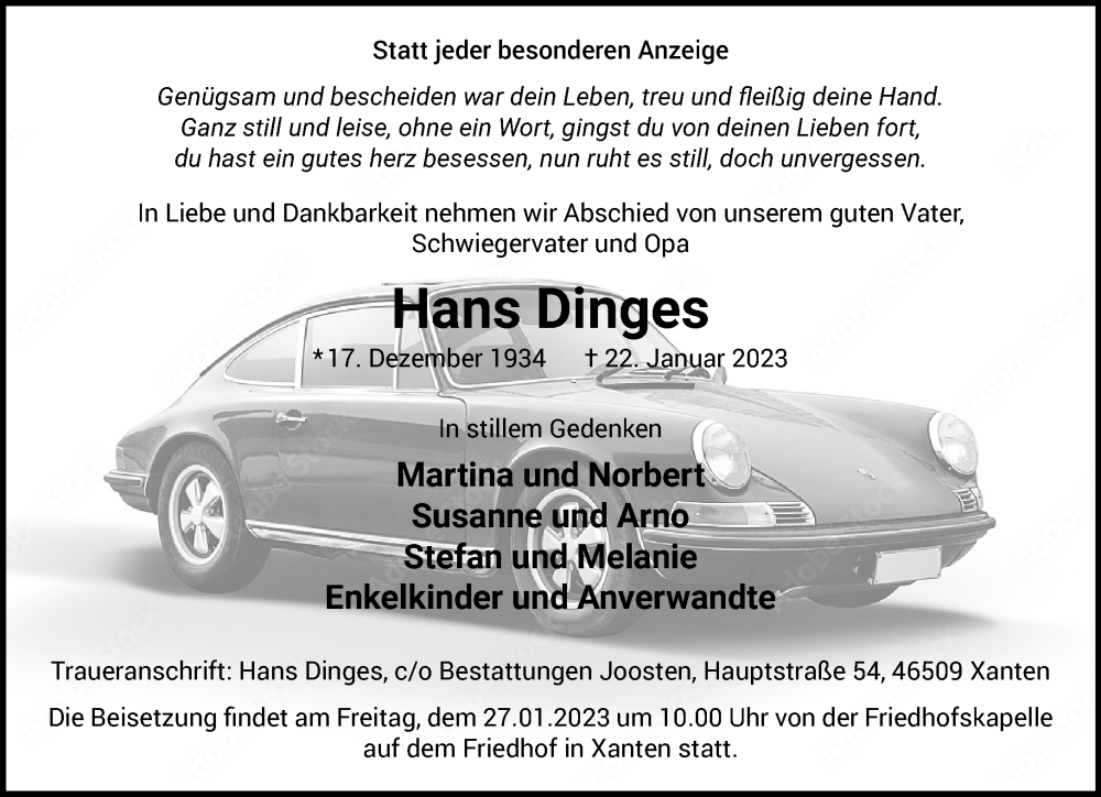  Traueranzeige für Hans Dinges vom 25.01.2023 aus Rheinische Post
