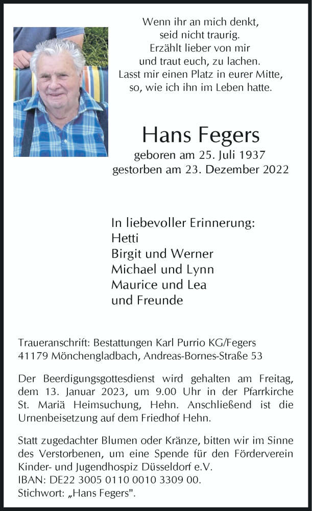  Traueranzeige für Hans Fegers vom 07.01.2023 aus Rheinische Post