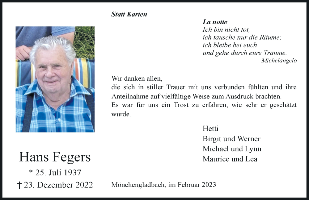  Traueranzeige für Hans Fegers vom 04.02.2023 aus Rheinische Post