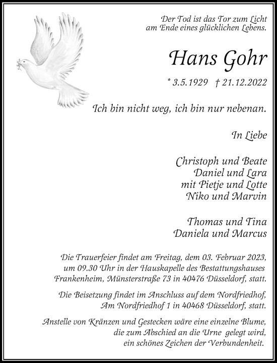 Traueranzeige von Hans Gohr von Rheinische Post