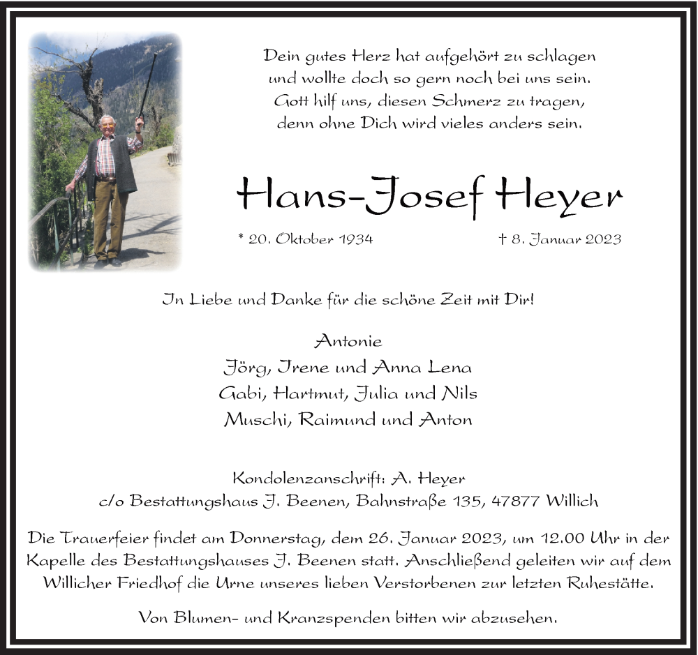  Traueranzeige für Hans-Josef Heyer vom 14.01.2023 aus Rheinische Post