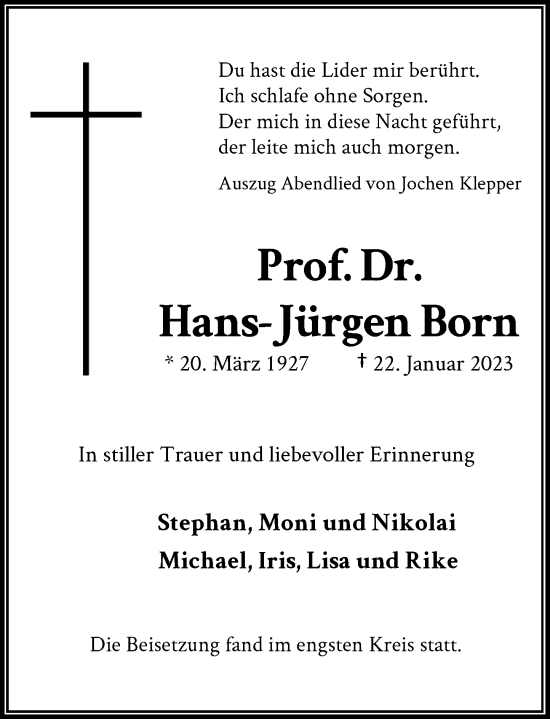 Traueranzeige von Hans-Jürgen Born von Rheinische Post