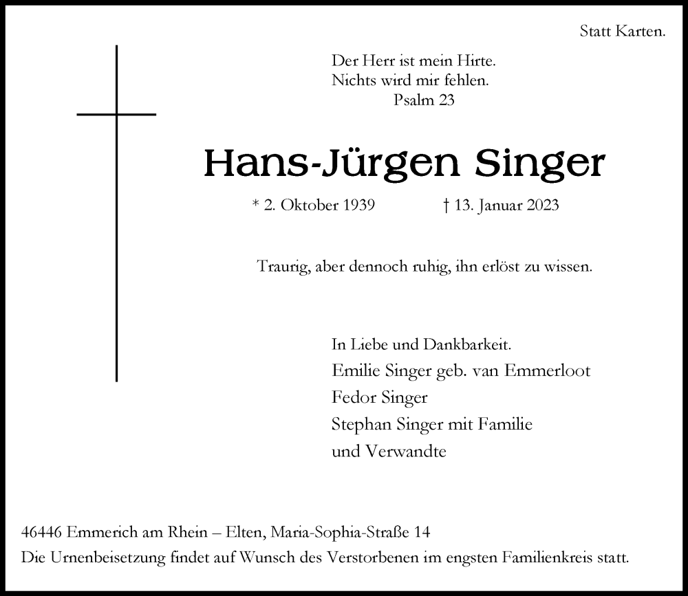  Traueranzeige für Hans-Jürgen Singer vom 21.01.2023 aus Rheinische Post