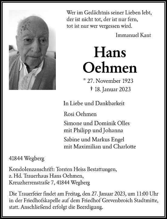 Traueranzeige von Hans Oehmen von Rheinische Post