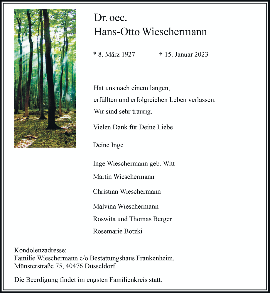  Traueranzeige für Hans-Otto Wieschermann vom 21.01.2023 aus Rheinische Post