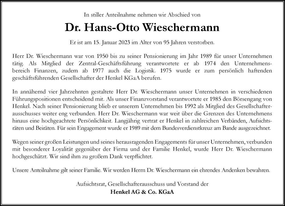  Traueranzeige für Hans-Otto Wieschermann vom 21.01.2023 aus Rheinische Post