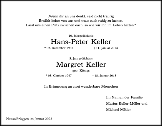 Traueranzeige von Hans-Peter und Margret Keller von Rheinische Post