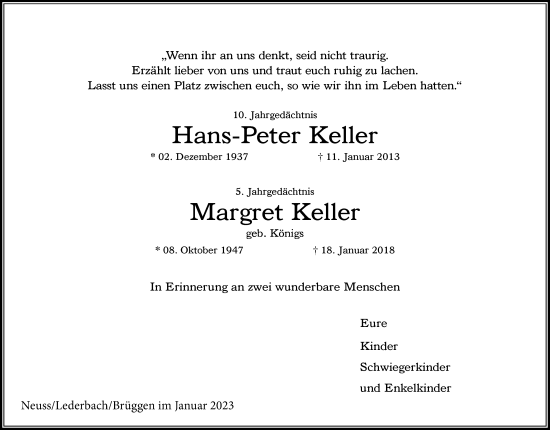 Traueranzeige von Hans-Peter und Margret Keller von Rheinische Post